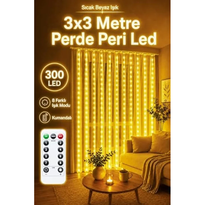 8 MOD Perde Ledi 300 LED 3x3m 10 Sarkıt Led Yılbaşı Oda Dekoru Kumandalı Peri Perde Led