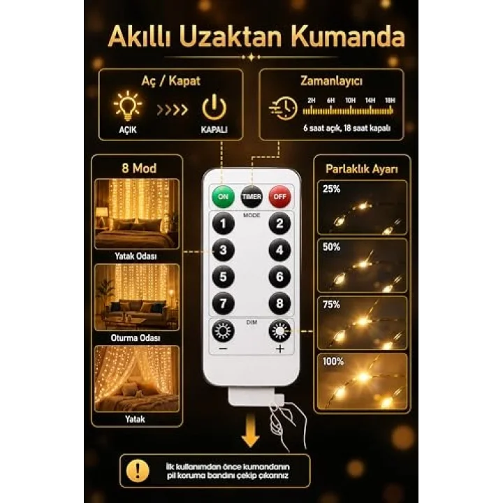 8 MOD Perde Ledi 300 LED 3x3m 10 Sarkıt Led Yılbaşı Oda Dekoru Kumandalı Peri Perde Led