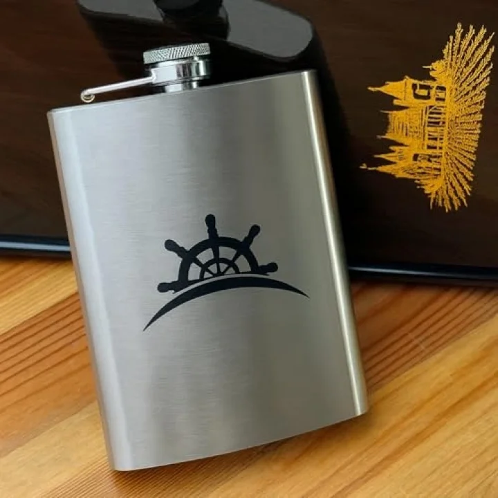 8 Oz 235 cc Hunili Cep Tipi Kapaklı Çelik Gemi Dümeni Temalı İçki Matarası