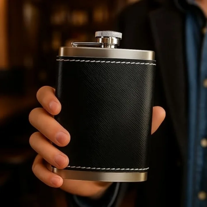 8 Oz 235 cc Hunili Siyah Hakiki Deri Kılıflı Çelik Viski İçki Matarası