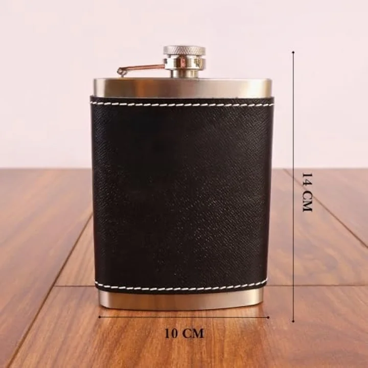 8 Oz 235 cc Hunili Siyah Hakiki Deri Kılıflı Çelik Viski İçki Matarası