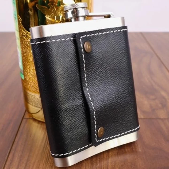 8 Oz 235 cc Hunili Siyah Hakiki Deri Kılıflı Çelik Viski İçki Matarası
