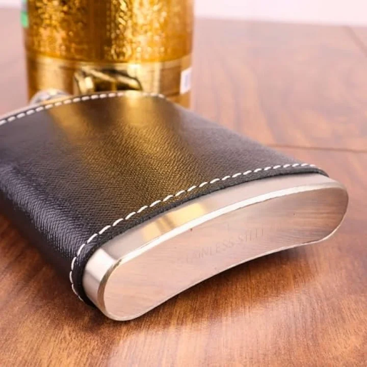 8 Oz 235 cc Hunili Siyah Hakiki Deri Kılıflı Çelik Viski İçki Matarası