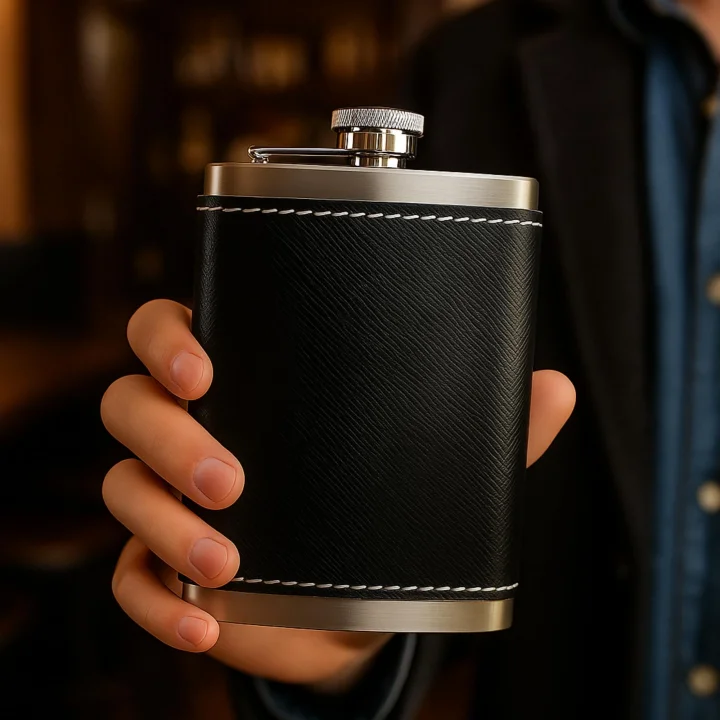 8 Oz 235 cc Hunili Siyah Hakiki Deri Kılıflı Çelik Viski İçki Matarası