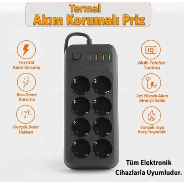 8 Priz 2 USB 2 Type-C Girişli Akım Korumalı Uzatma Kablosu 2 Metre, Açma Kapama Düğmeli Çoklu Priz, USB Şarjlı Termal Korumalı Priz Uzatma Kablosu