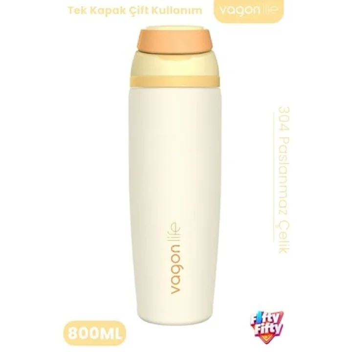 800 ML Tek Kapak Çift Kullanım Pipetli Rahat İçim Kulplu SUS304 Paslanmaz Çelik Termos -1107-800ML Sarı