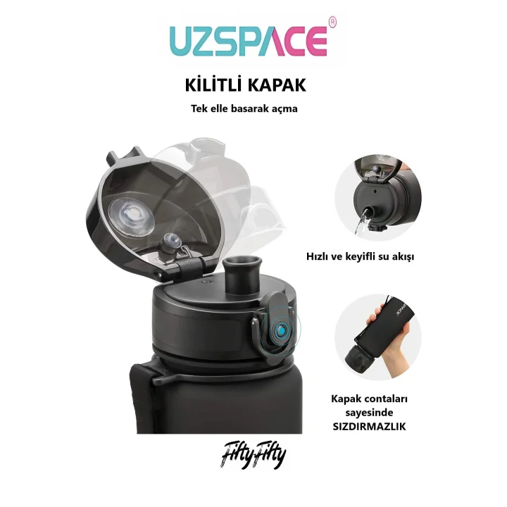 800ml -Yeni Ebat-Boy 25 cm-Tritan Su Matarası Bpa Koku Sızdırma Yok (FF SİYAH)