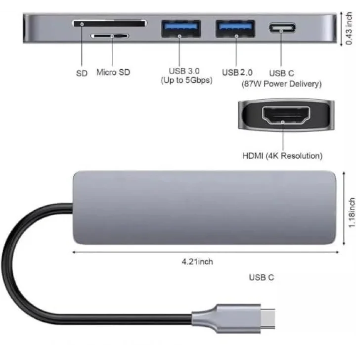 8040 Type C 3.1 HUB - HDMI 4K USB2.0 2xUSB3.0 SD TF PD 60W 6sı 1 Arada Premium USB Hub