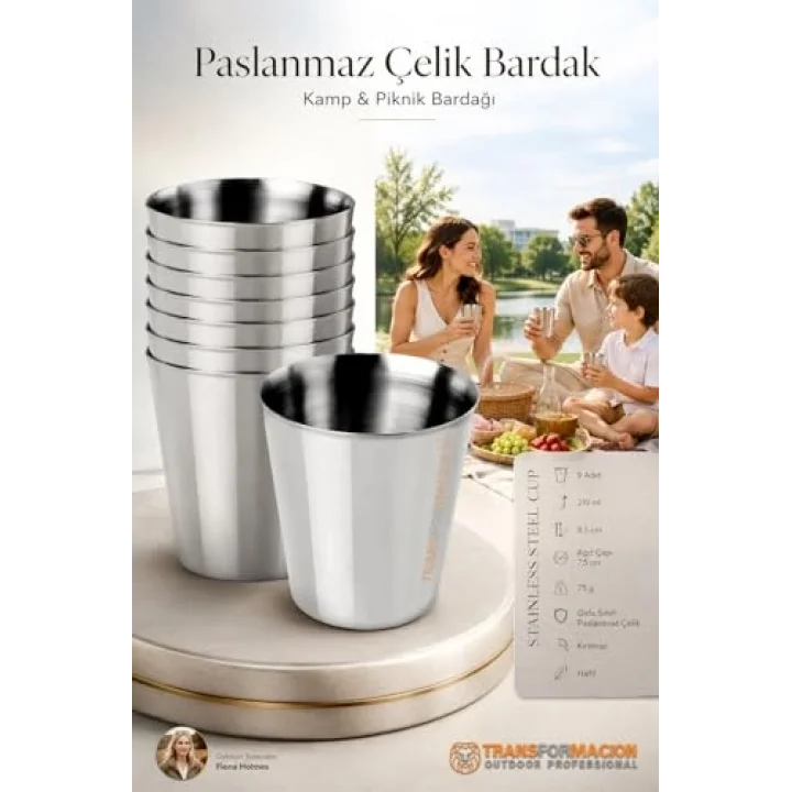 9lu Paslanmaz Çelik Bardak Seti 210 ml, Kırılmaz Hafif Kamp & Piknik Bardağı, Outdoor Çelik Kupa 721530