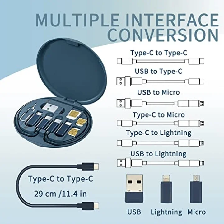 9u 1 Arada Kablo Kılıfı USB Adaptör Kablosu Dönüştürme Saklama Kutusu, USB Tip C - Mikro USB/Yıldırım/USB A Kablosu Veri Aktarım Aracı Sim Kart Yuvası Tepsi Çıkarma Pimi İçerir, Telefon