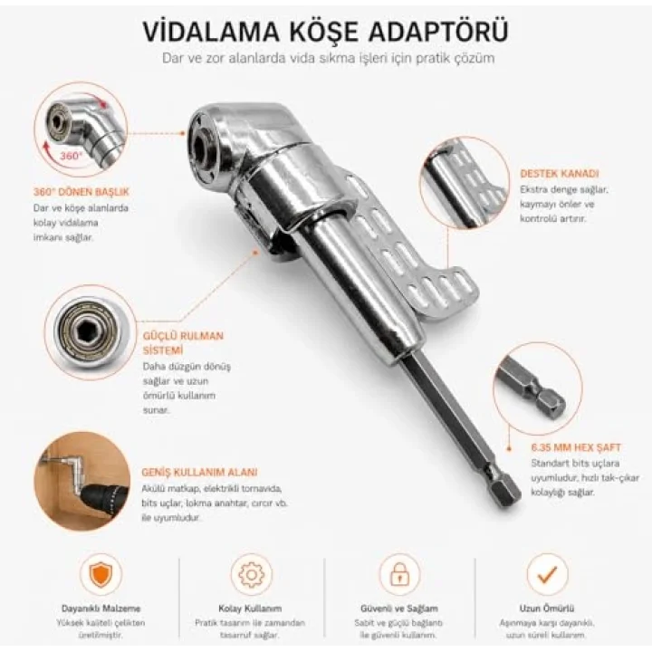 90 Derece Vidalama Köşe Adaptörü 360° Döner Başlıklı Matkap Aparatı Dar Alan Vida Sıkma Ucu 6.35mm Hex Şaft Profesyonel Açılı Adaptör