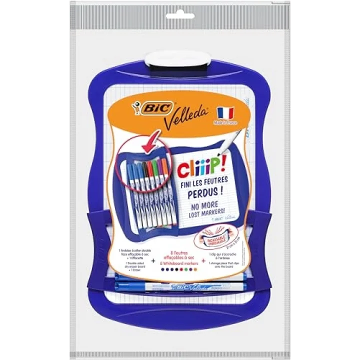 967444 Velleda Cliiip Set Beyaz Tahta (21 x 31 cm) Silecek; 8 Silinebilir Marker -10lu Set, Çeşitli Renklerde