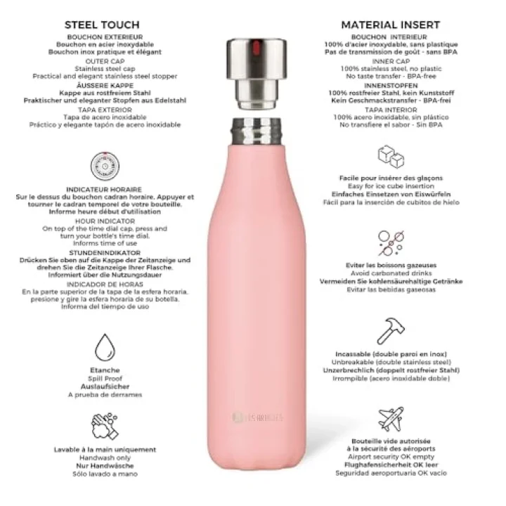 A-4323 BottleUp Termos, 500 ml, BPA içermeyen termos, tekrar kullanılabilir, 12 saat sıcak ve 24 saat soğuk tutar, Paslanmaz Çelik, Pembe Tasarım