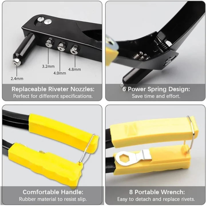 AEE® 4 Uçlu Profesyonel Perçin Tabancası Seti – 2.4/3.2/4.0/4.8 mm Başlık + 40 Adet Alüminyum Perçin + Anahtar | Metal, Plastik ve Deri Delme & Sabitleme Aracı