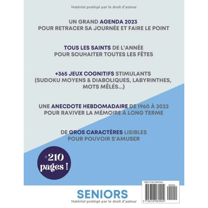 Agenda 2023 et 365 multi-jeux pour seniors : sudoku, mots mêlés, labyrinthes et faits historiques de ces 60 dernière années en gros caractères pour papi (French Edition)