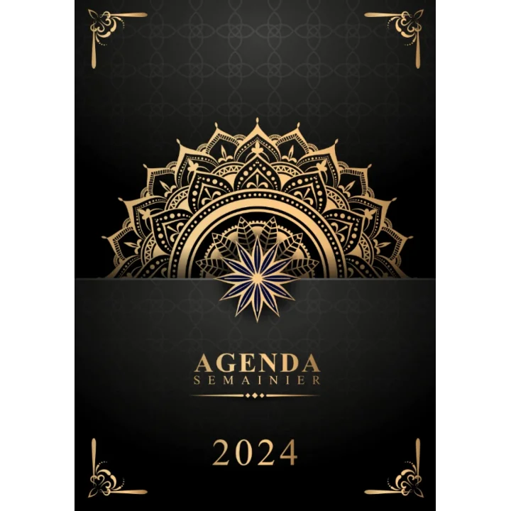 Agenda 2024: Semainier 1 semaine sur 2 page,12 mois de Janvier à Décembre, Grand format A4 (Couverture avec Motif Mandala Noir Dorée)
