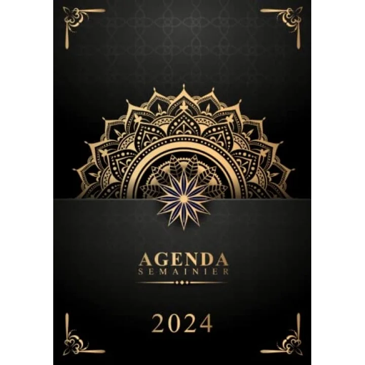 Agenda 2024: Semainier 1 semaine sur 2 page,12 mois de Janvier à Décembre, Grand format A4 (Couverture avec Motif Mandala Noir Dorée)