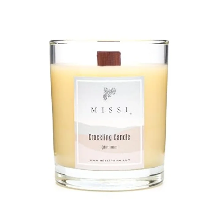 Ahşap Fitilli Oud Vanilya Kokulu Ekru Çıtırtılı Vegan Mum (Crackling)