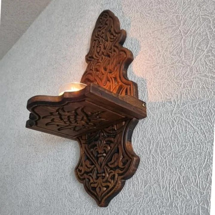 Ahşap Oyma Kadil Standı Rustik Duvar Mumluğu