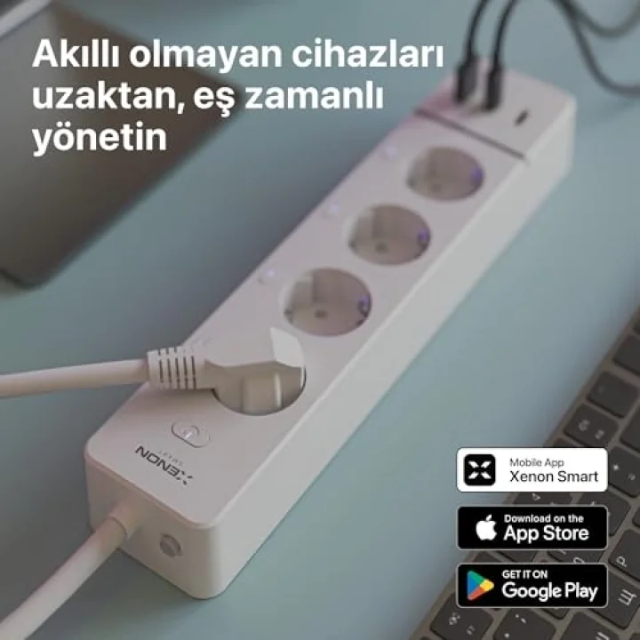 Akıllı Çoklu Priz Wi-Fi 4 AC Çıkışlı 2 USB-A ve 1 USB-C Portlu 7in1 180 cm Kablo Google Home ve Alexa Uyumlu Mobil Uygulama Kontrollü 3680W Güç Kapasiteli X7087