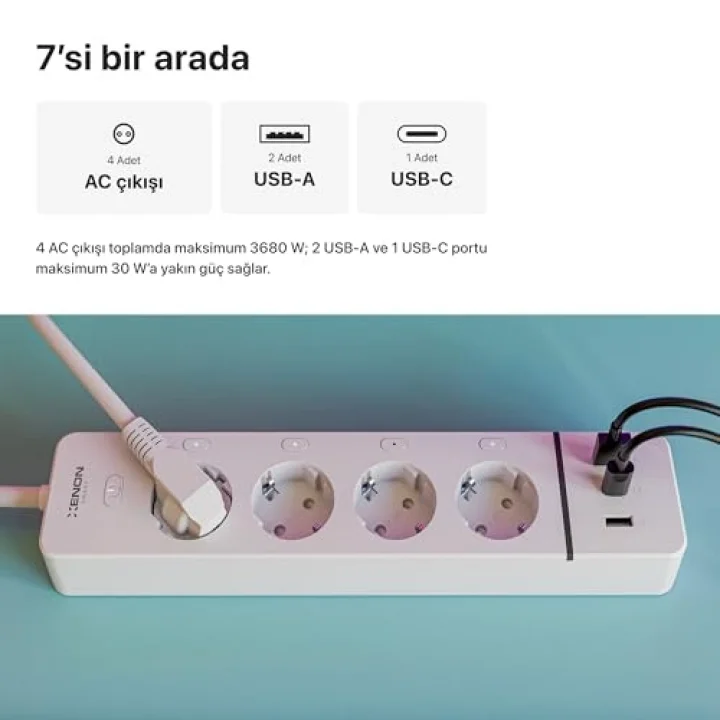 Akıllı Çoklu Priz Wi-Fi 4 AC Çıkışlı 2 USB-A ve 1 USB-C Portlu 7in1 180 cm Kablo Google Home ve Alexa Uyumlu Mobil Uygulama Kontrollü 3680W Güç Kapasiteli X7087