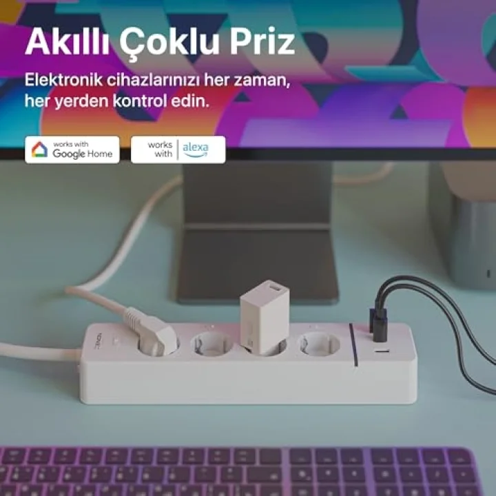 Akıllı Çoklu Priz Wi-Fi 4 AC Çıkışlı 2 USB-A ve 1 USB-C Portlu 7in1 180 cm Kablo Google Home ve Alexa Uyumlu Mobil Uygulama Kontrollü 3680W Güç Kapasiteli X7087