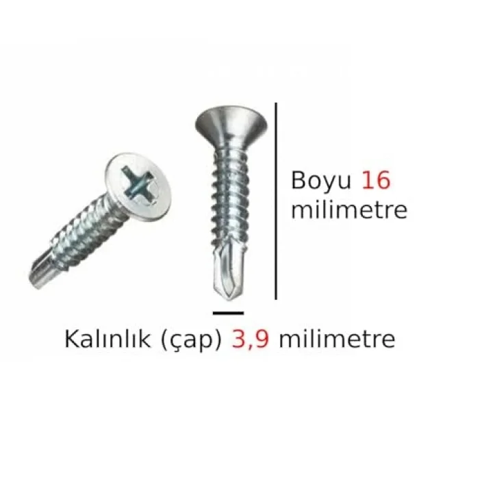 Akıllı Vida Metal Aleminyum Plastik Profil Delen Vidalar Havşa Başlı Ucu Delik Açan vida Boy 16 Milimetre Çap 3,9 milimetre