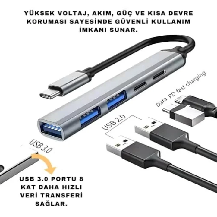 Akım Korumalı 5in1 Type-c to USB Çevirici Çoğaltıcı USB3.0 USB2.0 2xPD Hub Type-c Çoğaltıcı