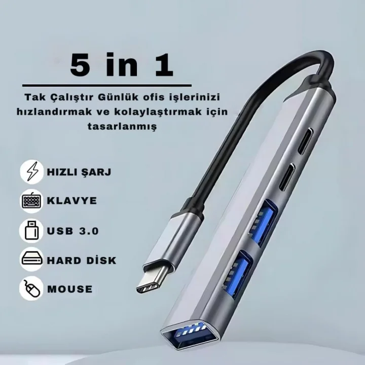 Akım Korumalı 5in1 Type-c to USB Çevirici Çoğaltıcı USB3.0 USB2.0 2xPD Hub Type-c Çoğaltıcı