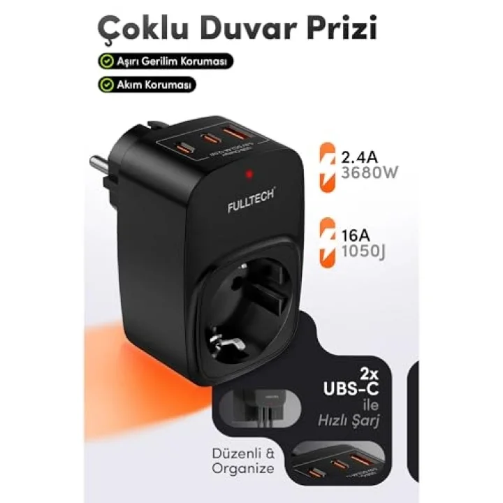Akım Korumalı Priz, Tekli Priz, USB’li Priz ve Type-C Priz, Priz Çoklayıcı, Voltaj Korumalı Priz, 16A 3680W Duvar Tipi (SİYAH)