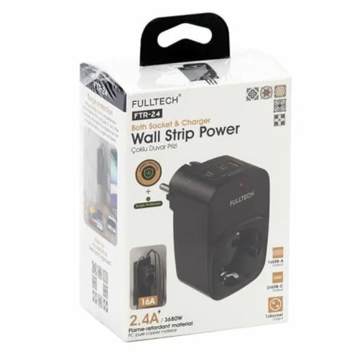 Akım Korumalı Priz, Tekli Priz, USB’li Priz ve Type-C Priz, Priz Çoklayıcı, Voltaj Korumalı Priz, 16A 3680W Duvar Tipi (SİYAH)