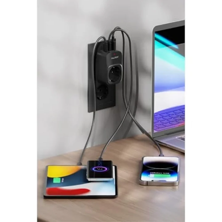 Akım Korumalı Priz, Tekli Priz, USB’li Priz ve Type-C Priz, Priz Çoklayıcı, Voltaj Korumalı Priz, 16A 3680W Duvar Tipi (SİYAH)