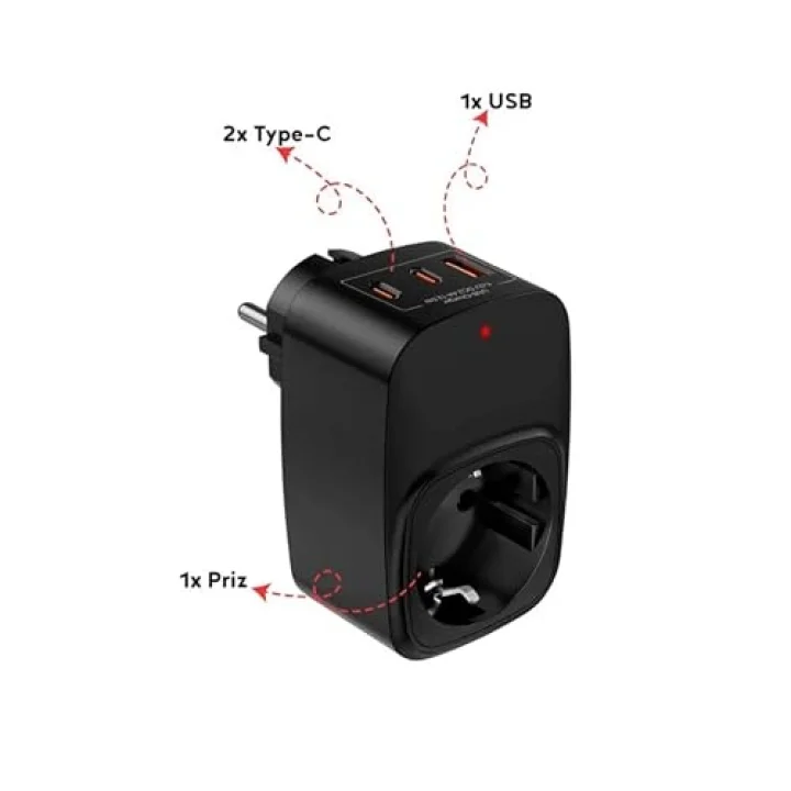 Akım Korumalı Priz, Tekli Priz, USB’li Priz ve Type-C Priz, Priz Çoklayıcı, Voltaj Korumalı Priz, 16A 3680W Duvar Tipi (SİYAH)