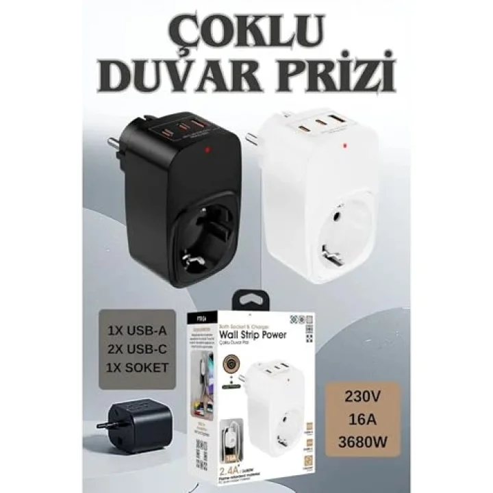 Akım Korumalı Priz, Tekli Priz, USB’li Priz ve Type-C Priz, Priz Çoklayıcı, Voltaj Korumalı Priz, 16A 3680W Duvar Tipi (SİYAH)