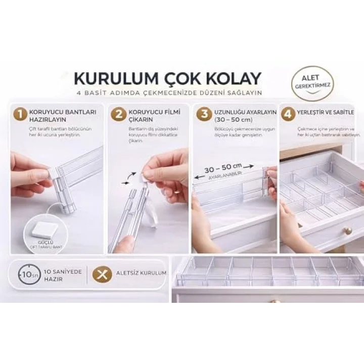 Akrilik Çekmece Bölücü Organizer, Şeffaf, Teleskopik Ayarlanabilir 30–50 cm, Kaymaz Uçlu, Mutfak, Dolap, Banyo ve Ofis için