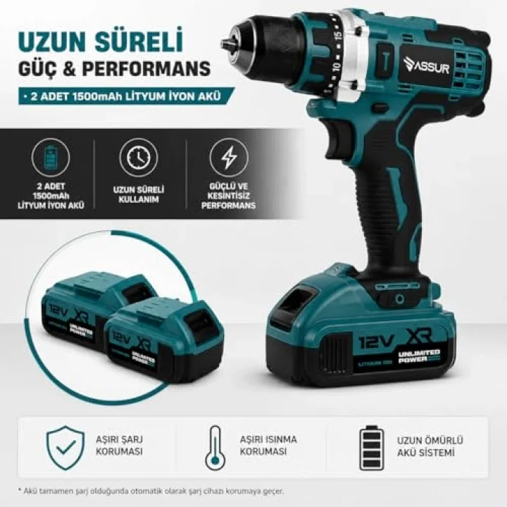 Akülü Matkap 12V, 2 Vitesli Şarjlı Vidalama Seti, 84 Parça Uç Seti ile, LED Aydınlatmalı, Çift 1500mAh Lityum İyon Batarya, 10mm Mandren, 2 Yıl Garantili