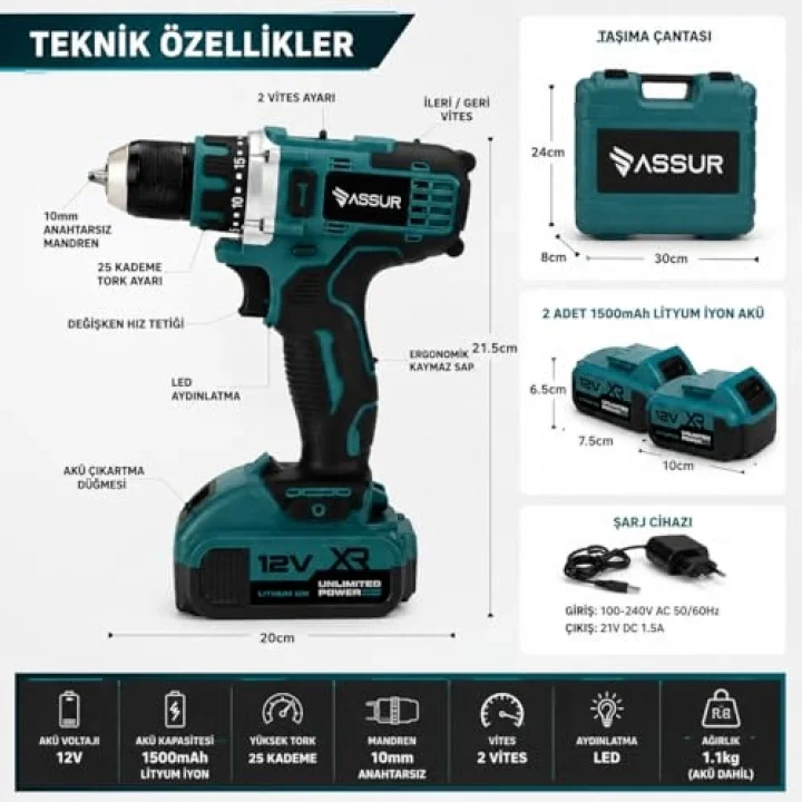 Akülü Matkap 12V, 2 Vitesli Şarjlı Vidalama Seti, 84 Parça Uç Seti ile, LED Aydınlatmalı, Çift 1500mAh Lityum İyon Batarya, 10mm Mandren, 2 Yıl Garantili