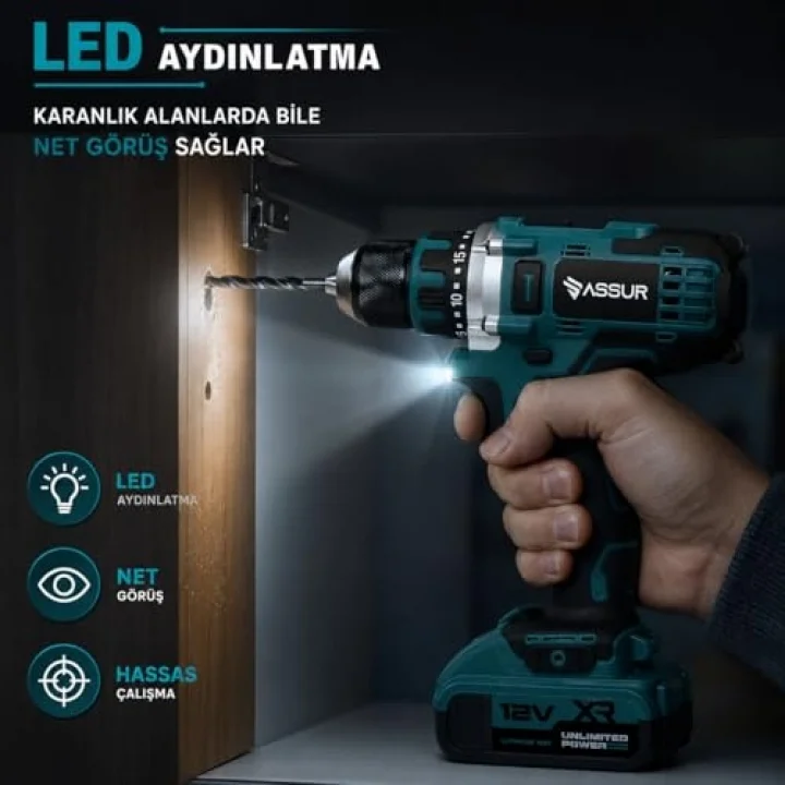 Akülü Matkap 12V, 2 Vitesli Şarjlı Vidalama Seti, 84 Parça Uç Seti ile, LED Aydınlatmalı, Çift 1500mAh Lityum İyon Batarya, 10mm Mandren, 2 Yıl Garantili