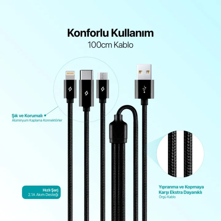 AlumiCable Trio Şarj Kablosu 1mt. Type-C, Lightning, Micro USB