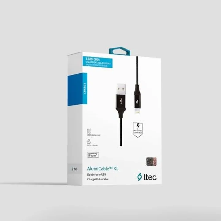 Alumicable XL Lightning Şarj ve Data Kablosu, Siyah, 2 m