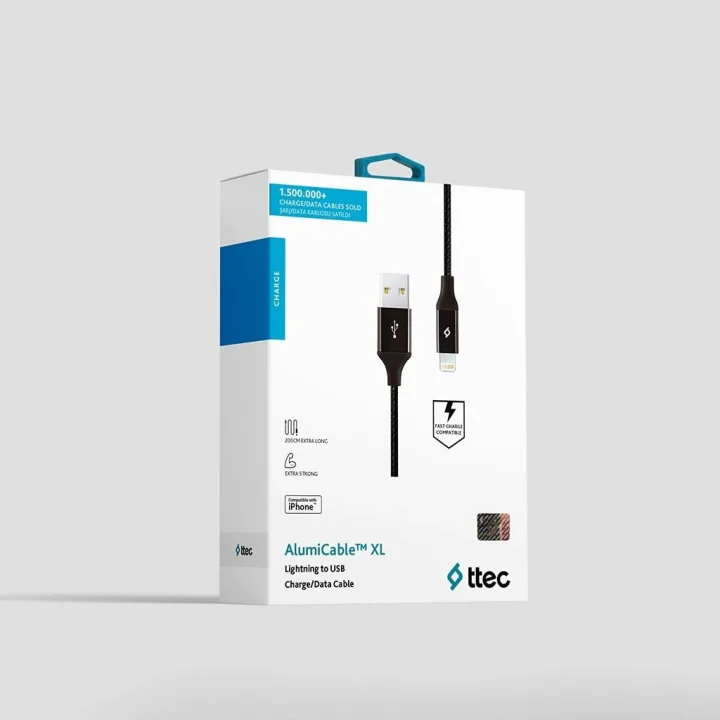 Alumicable XL Lightning Şarj ve Data Kablosu, Siyah, 2 m