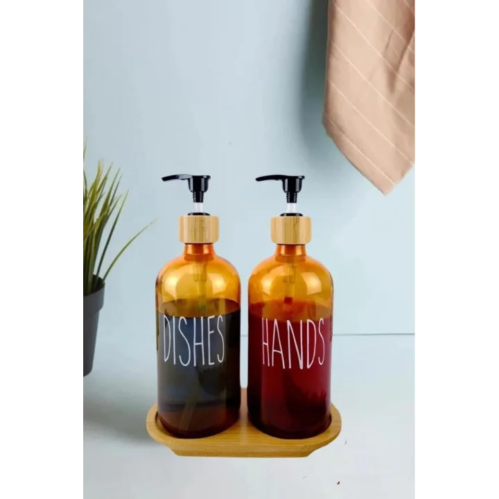 Amber İkili Cam Sıvı Sabunluk Seti Standlı