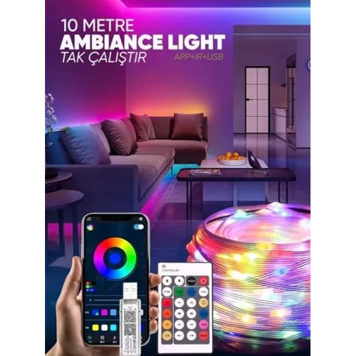 Amber LED Pixel Rgb Magic Peri ışık - 5v Usb Girişli, Bluetooth Uygulamalı, Uzaktan Kumandalı, Müziğe Duyarlı, Suya Dayanıklı, Parti, Yılbaşı, Doğum Günü, Eğlence için (10 Metre)