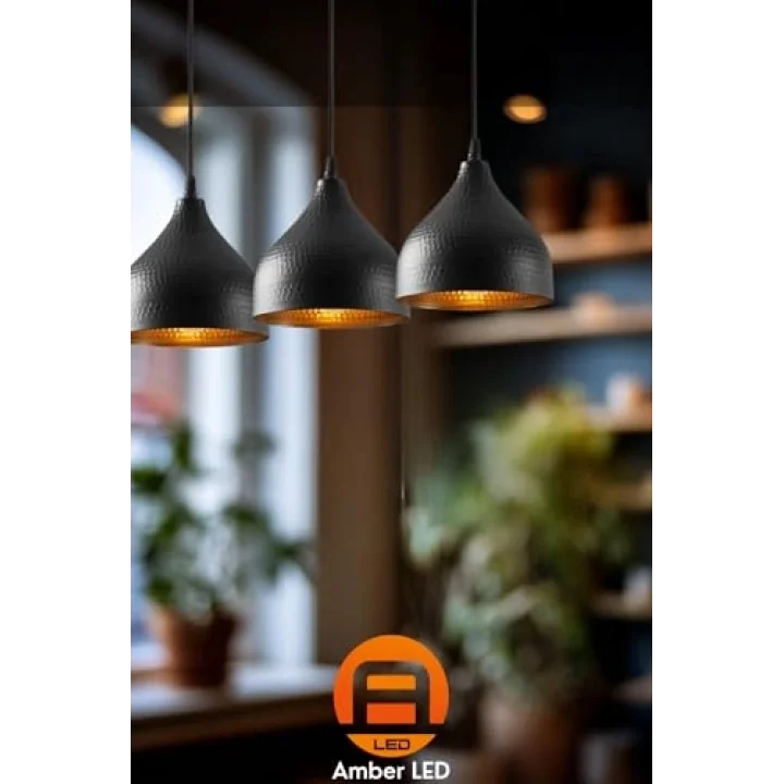 Amber LED Şık Metal Gövdeli 3lü Sarkıt Avize Mutfak ve Salon için E27 Uyumlu, Siyah-6211