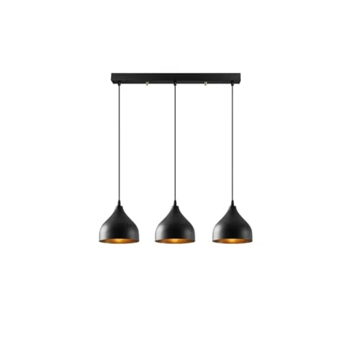 Amber LED Şık Metal Gövdeli 3lü Sarkıt Avize Mutfak ve Salon için E27 Uyumlu, Siyah-6211