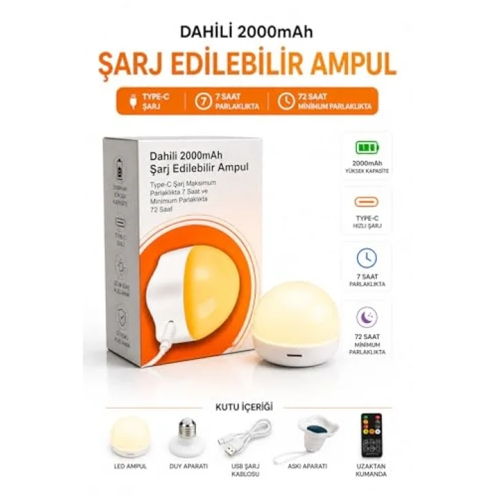Ampul Görünümlü Kamp ve Gece Lambası Şarjlı, Uzaktan Kumandalı E27 Duy Uyumlu