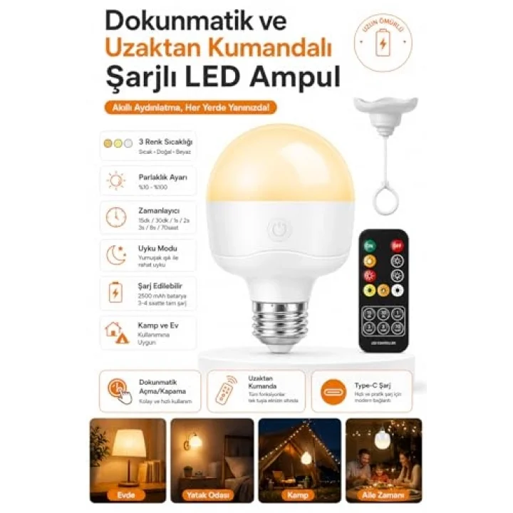 Ampul Görünümlü Kamp ve Gece Lambası Şarjlı, Uzaktan Kumandalı E27 Duy Uyumlu