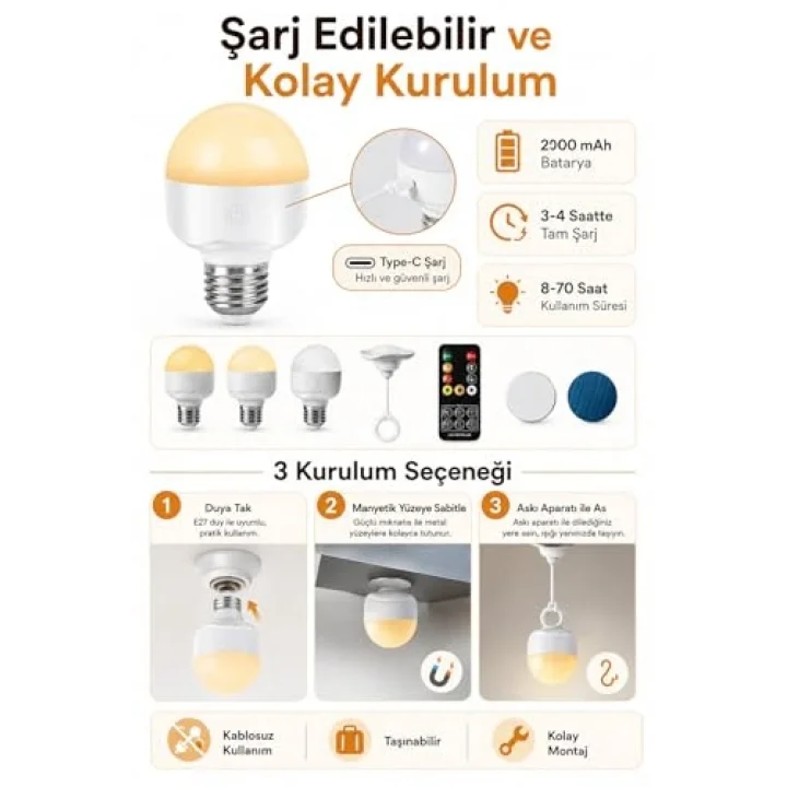 Ampul Görünümlü Kamp ve Gece Lambası Şarjlı, Uzaktan Kumandalı E27 Duy Uyumlu