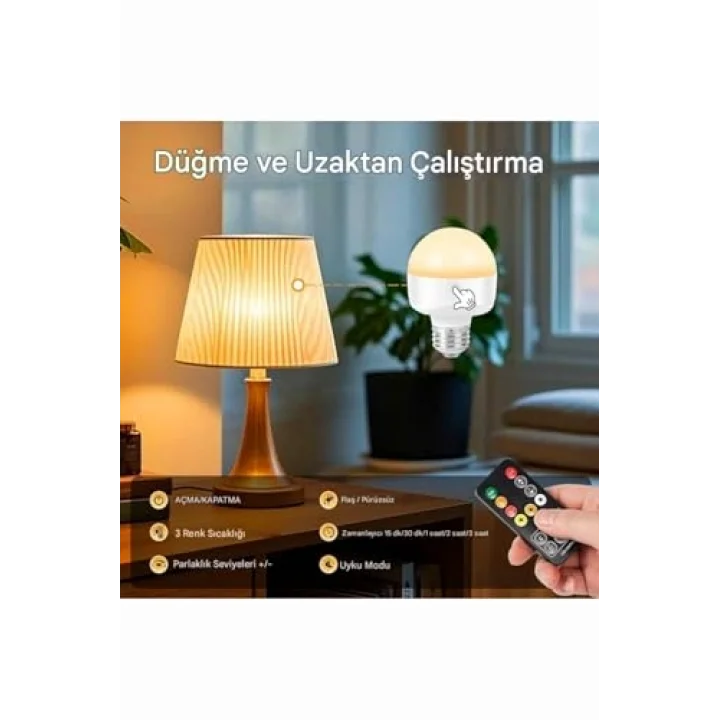 Ampul Görünümlü Kamp ve Gece Lambası Şarjlı, Uzaktan Kumandalı E27 Duy Uyumlu