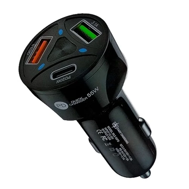Apera BN72 55W Araç İçi Çakmaklık Hızlı Şarj Aleti PD Quick Charger 2 USB 1 Type-C Çıkış